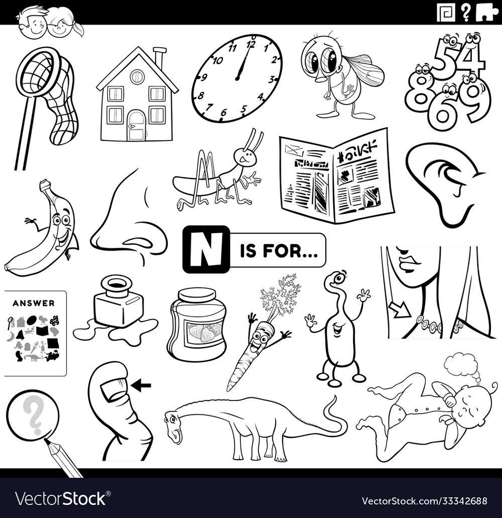 Letter n educational task coloring book page vector image