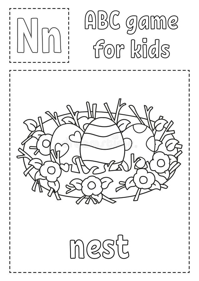 Letter n is for nest abc game for kids alphabet coloring page cartoon character word and letter stock vector