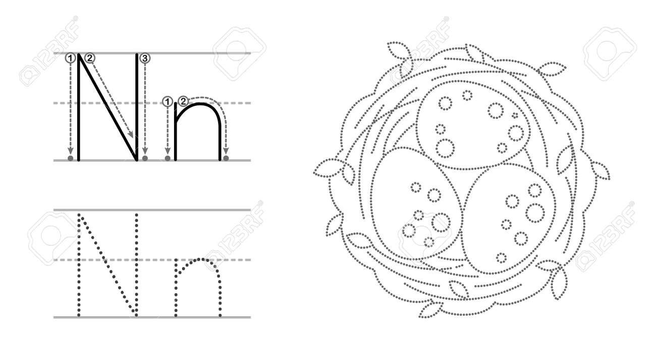Trace the letter and picture and color it educational children tracing game coloring alphabet letter n and funny cartoon nest royalty free svg cliparts vectors and stock illustration image