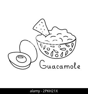 Mexican food guacamole in bowl with avocado and nachos doodle style flat vector outline illustration for kids coloring book stock vector image art