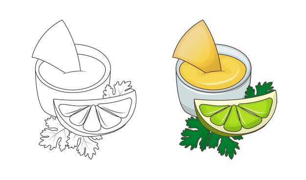 Premium vector kids coloring book for elementary school crispy nacho with cheese sauce and lime vegetarian cuisine