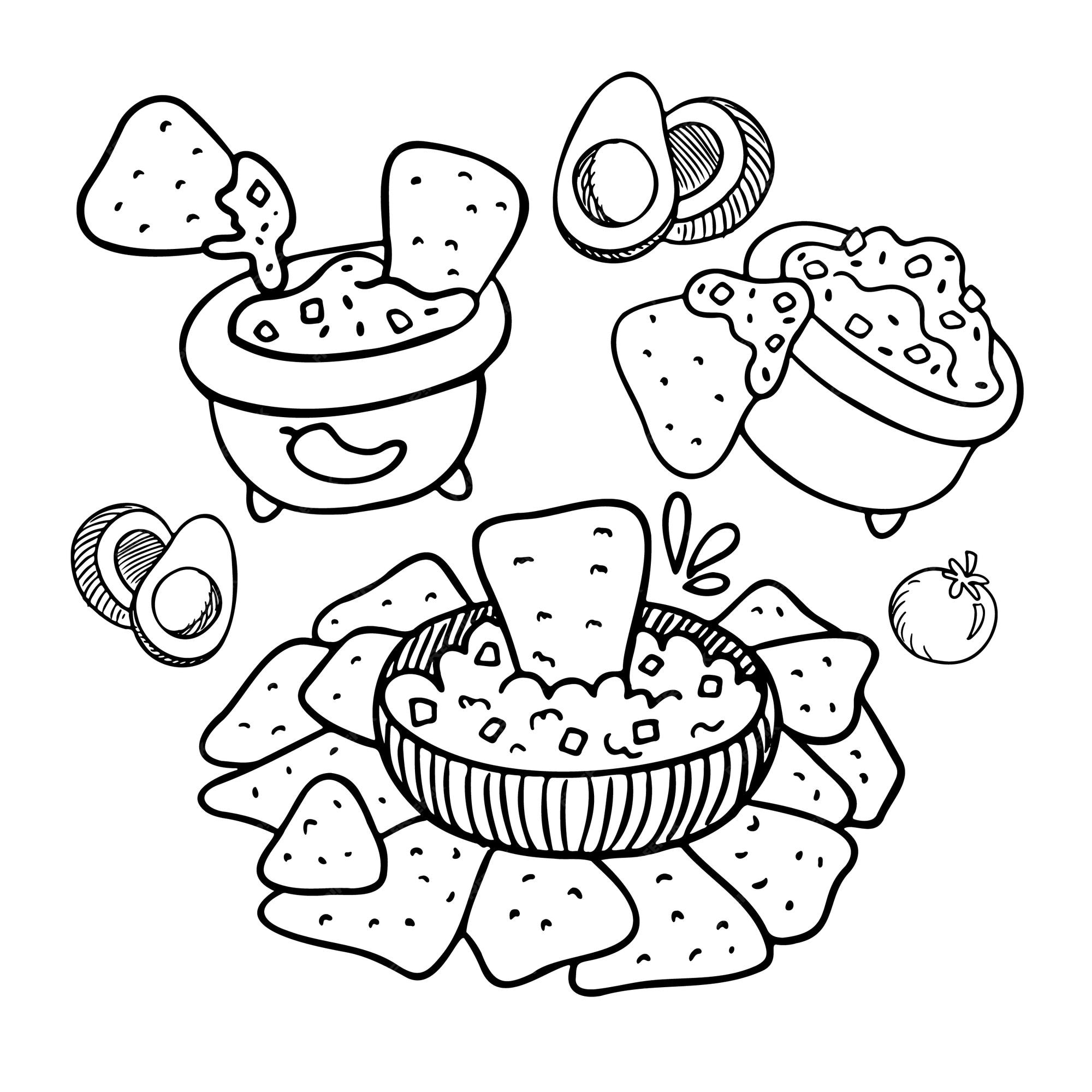 Premium vector mexican food coloring page nachos with guacamole tomato salsa