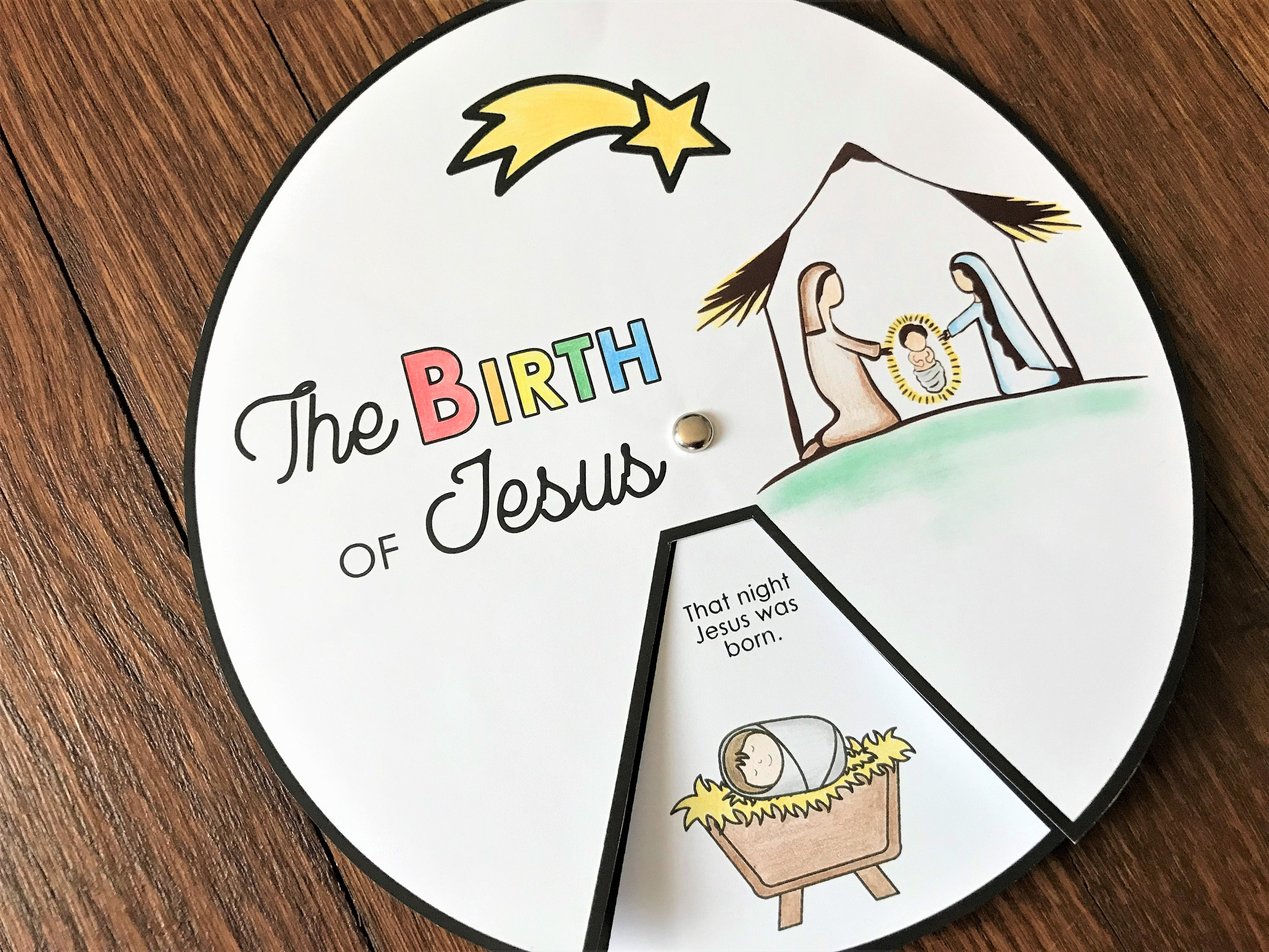 Birth of jesus coloring wheel printable nativity christmas activity watercolor kids bible lesson memory game sunday school