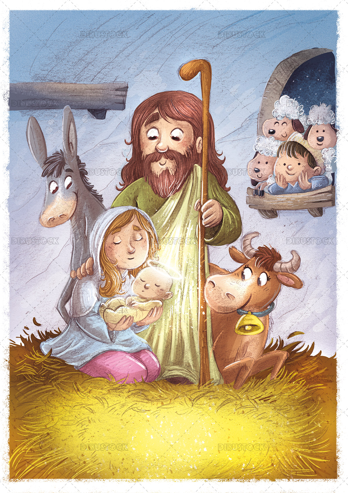 Illustration of the birth of the child jesus with mary and joseph in the portal of belen