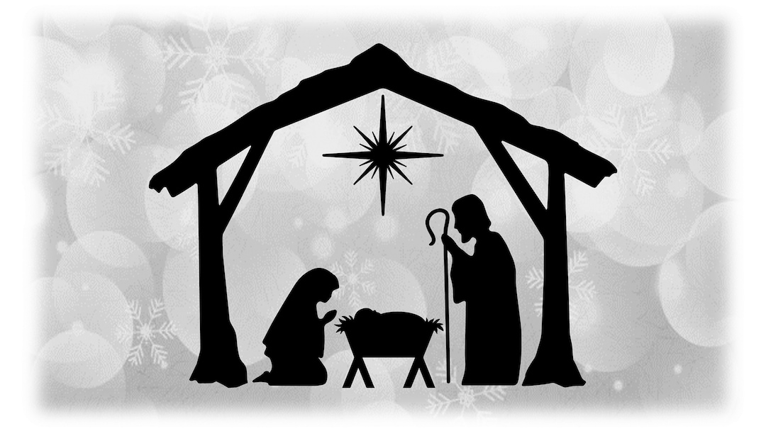 Holiday clipart black christmas nativity manger scene silhouette baby jesus mary joseph north star digital download svg png dxf pdf