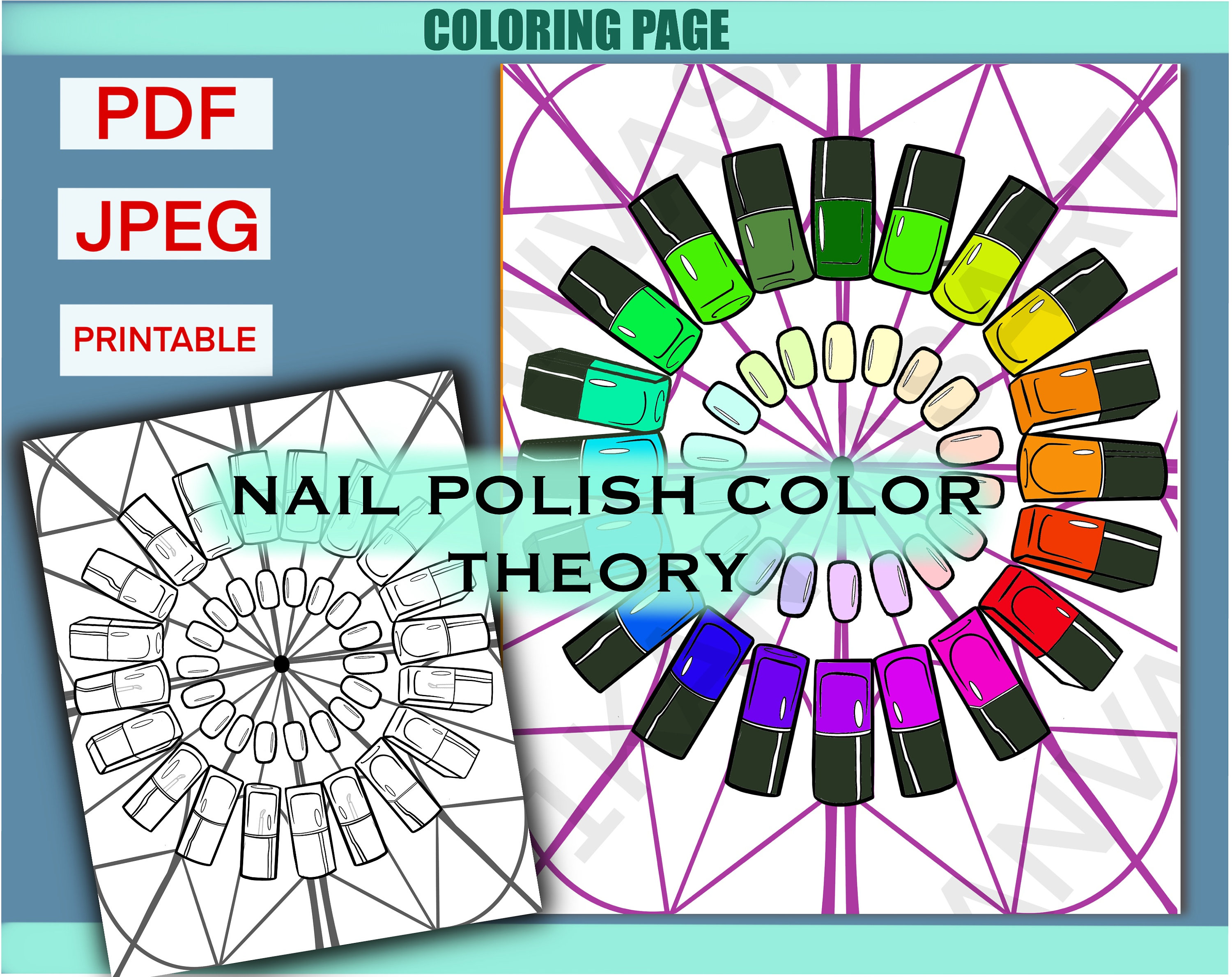 Nail tech color wheel coloring page cosmetologist colour theory worksheet nail art esthetician art
