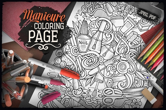 Nail salon digital coloring page manicure doodle adult coloring book printable coloring sheet nail cartoon illustration digital download