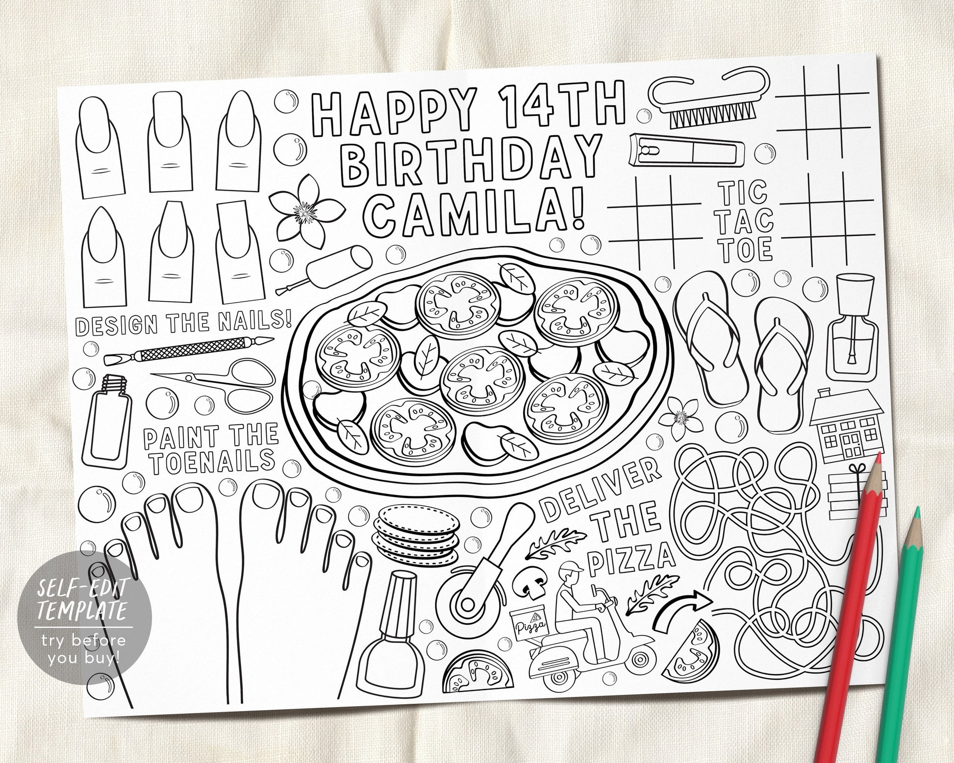 Manicures and pizza coloring placemat editable template pedicure mani â puff paper co