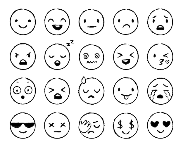 Free vector hand drawn emoji doodle emoticons smile face sketch and grunge ink brush emojis doodles