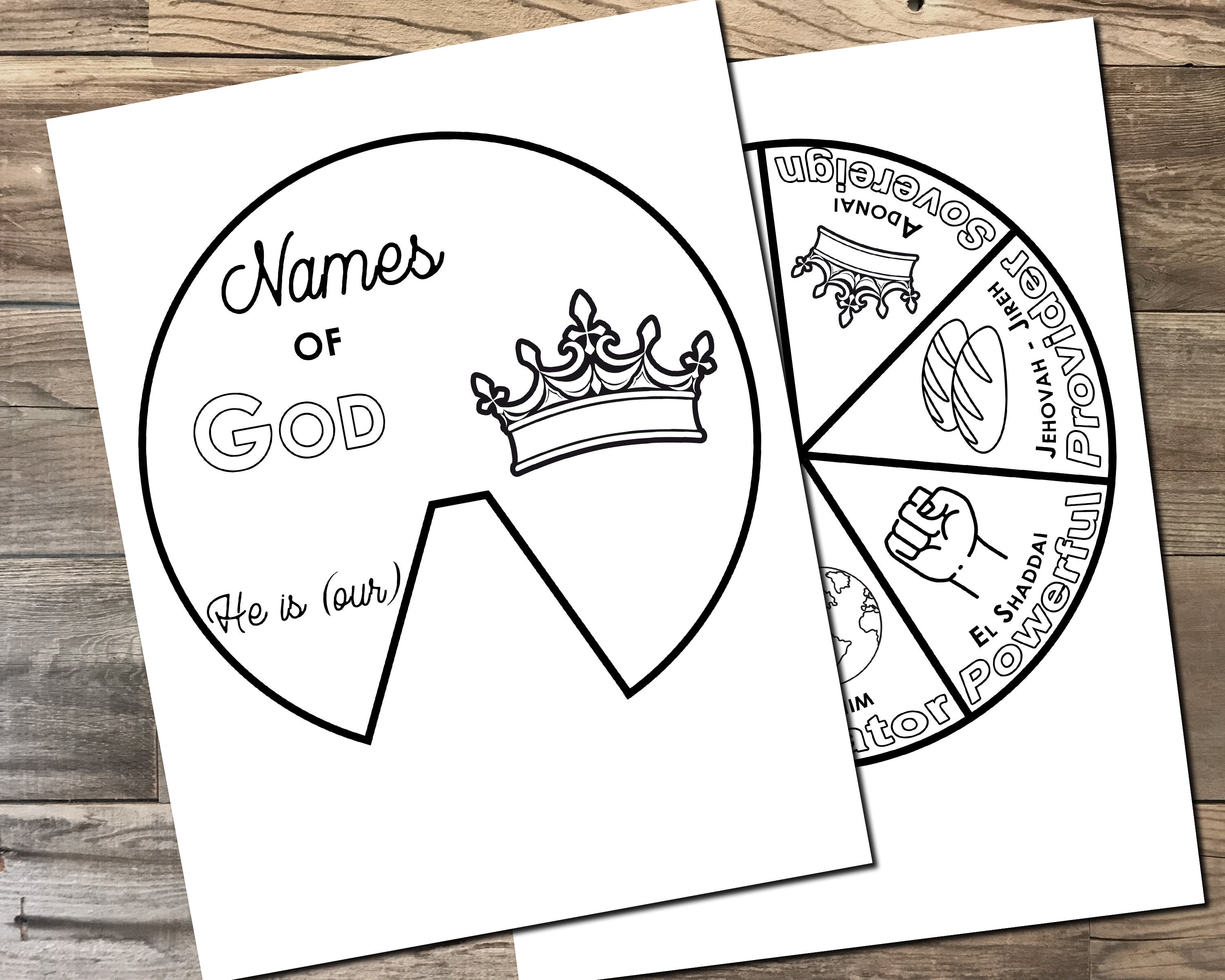 Names of god coloring wheel hebrew names printable bible activity kids bible lesson memory game sunday school