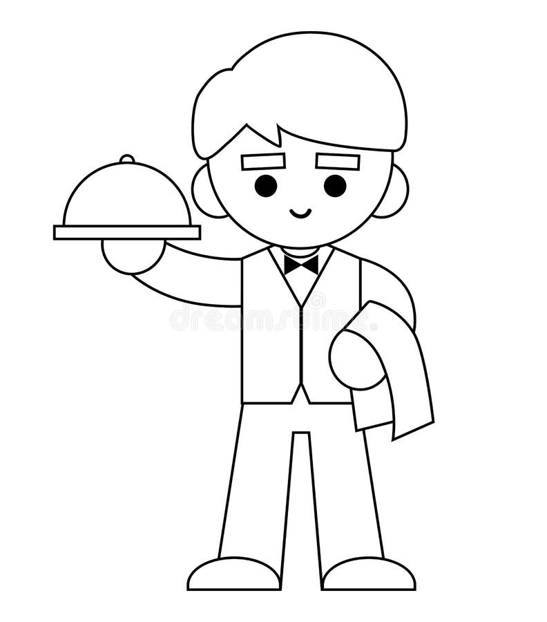 Coloring book waiter with a napkin and a dish in hands stock vector