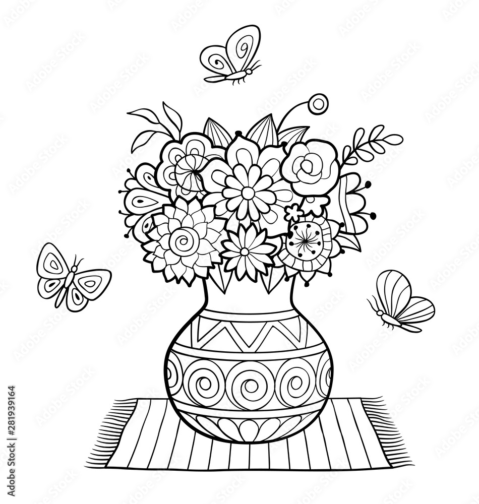 Vase of flowers standing on a napkin and butterflies black and white vector illustration antistress coloring page for adults vector