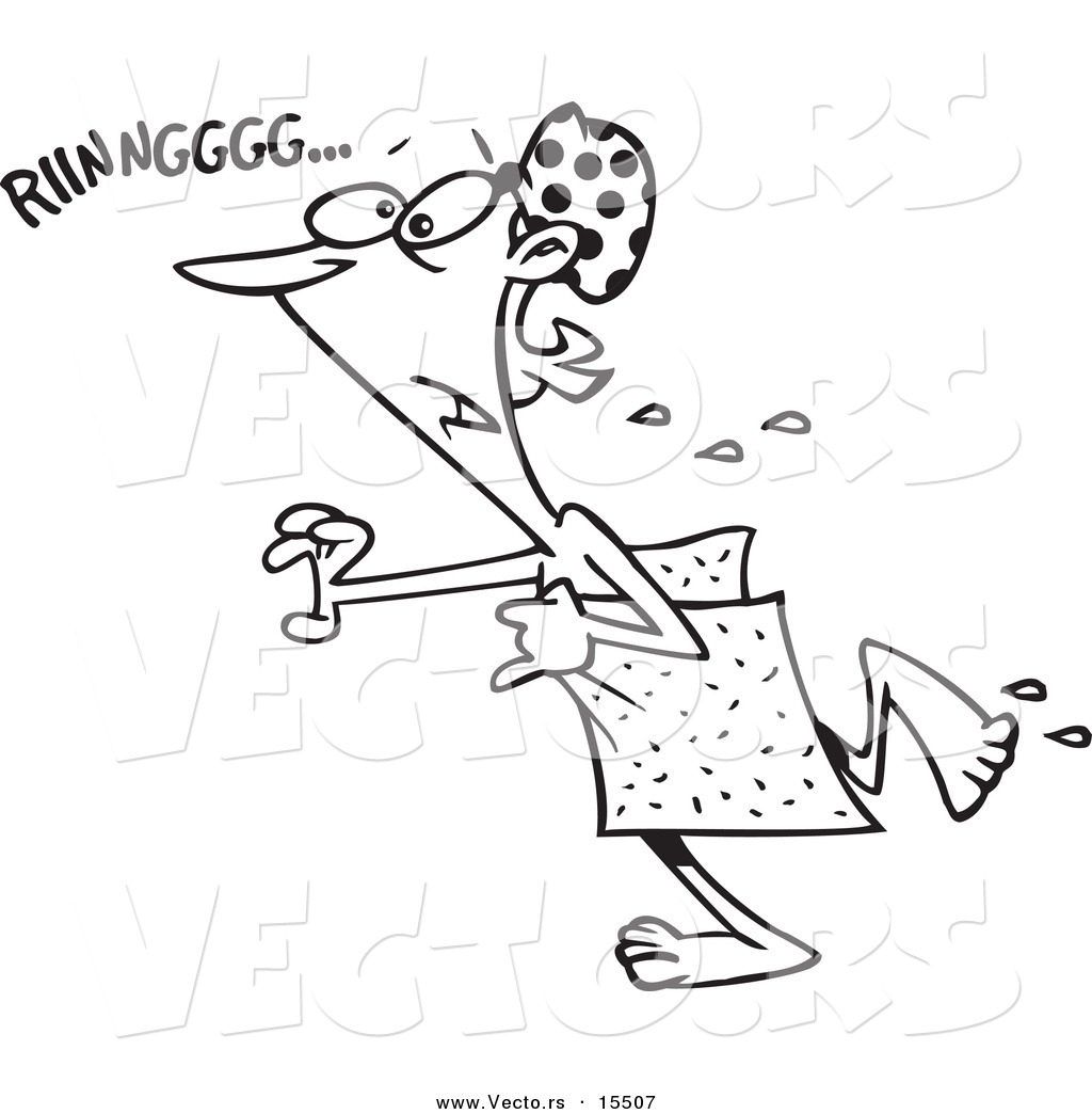 R of a cartoon woman rushing for a phone call in a towel