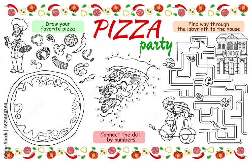 Festive napkin for children printable mat pizza party with a labyrinth connect the dots and a coloring page x inch printable vector file vector