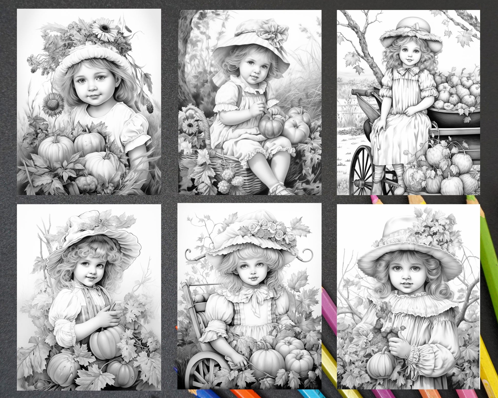 Vintage autumn adorable girls grayscale coloring pages for adults â coloring