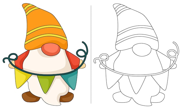 Gnomo naranja y rojo con decoraciãn de bandera pãgina para colorear para actividad infantil vector premium