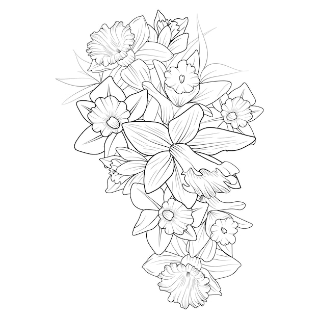 Premium vector set of decorative artistic daffodil flower coloring book detailed zentangle tattoo design vector art
