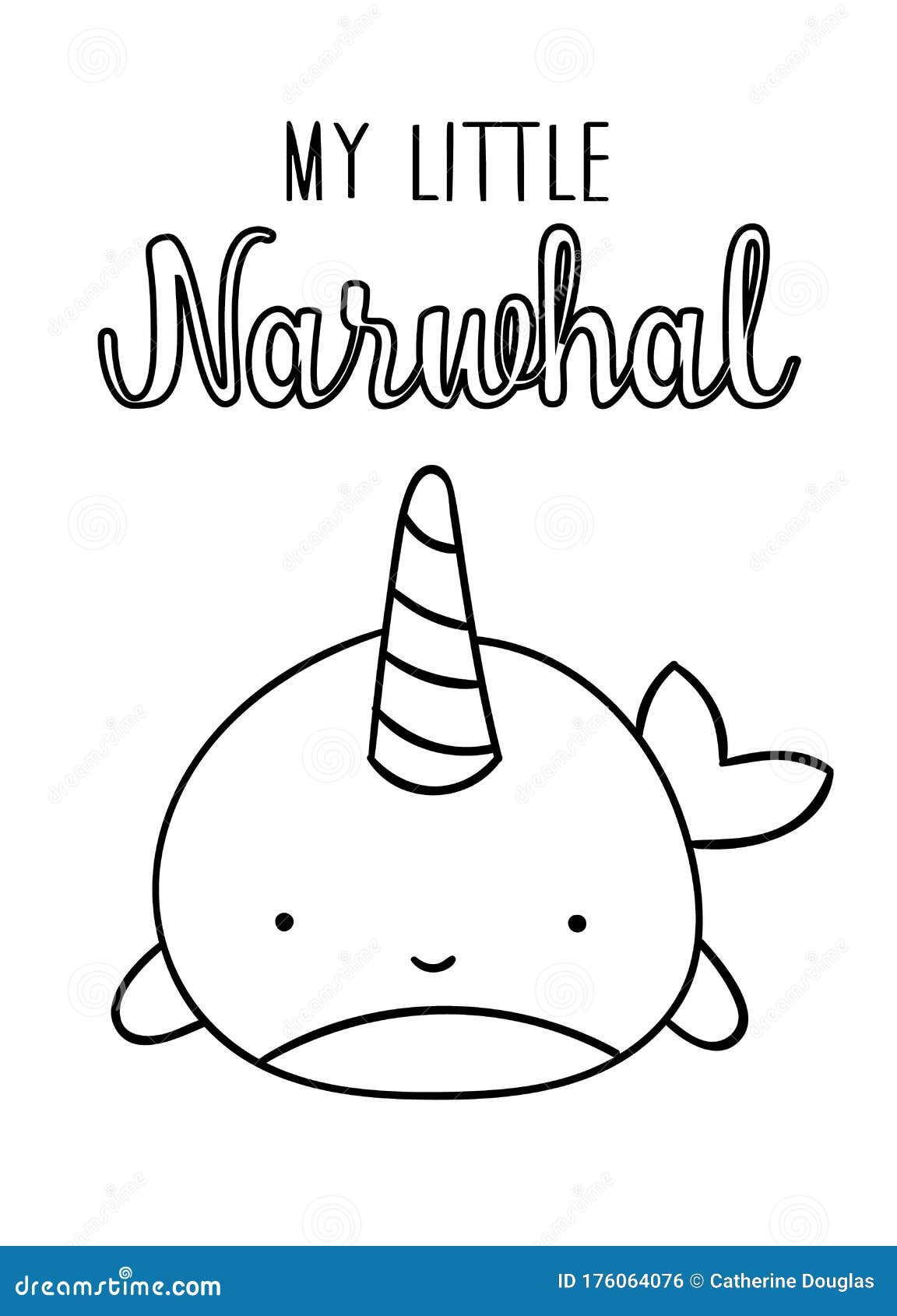 Coloring pages black and white cute kawaii hand drawn narwhal doodles lettering my little narwhal stock vector