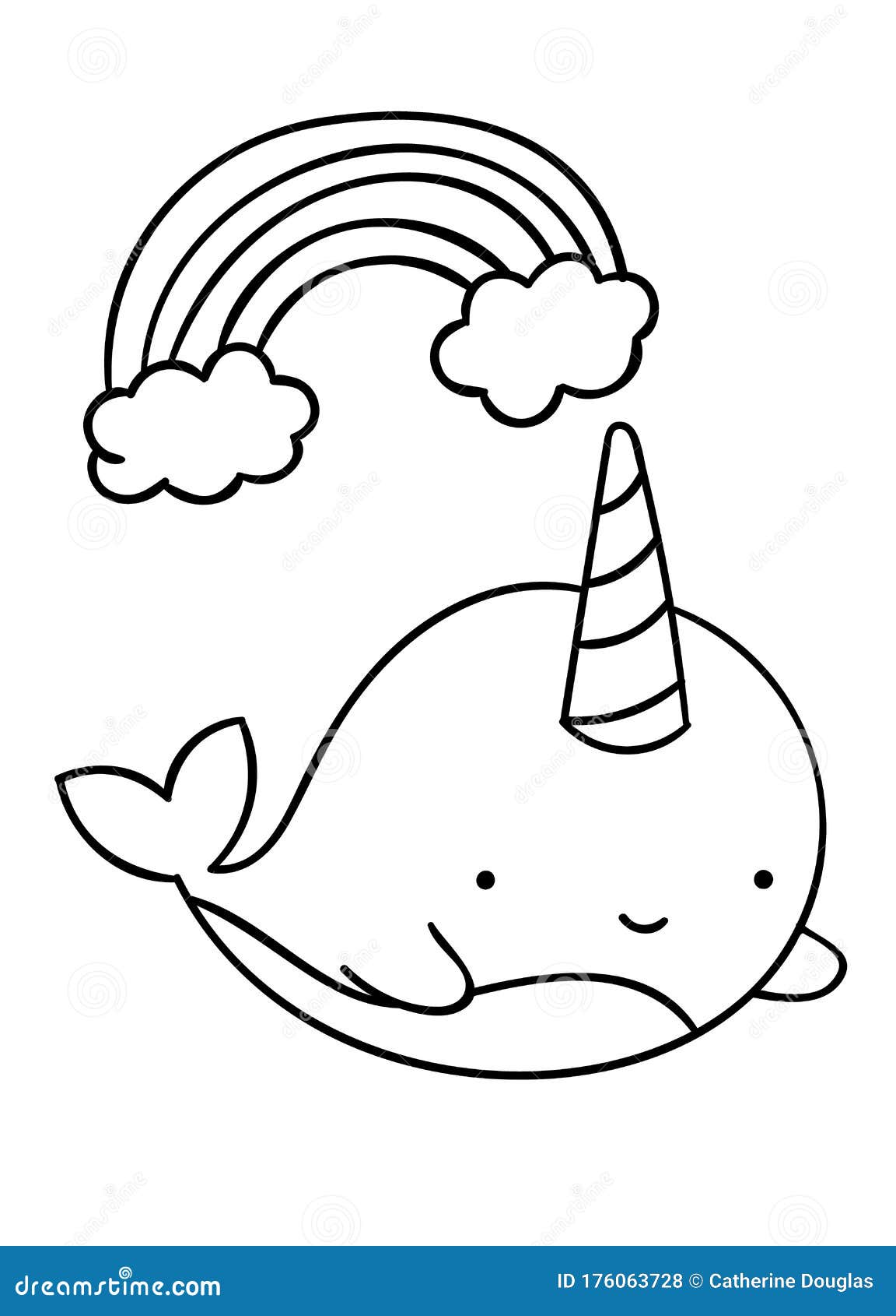 Coloring pages black and white cute kawaii hand drawn narwhal and rainbow doodles stock vector