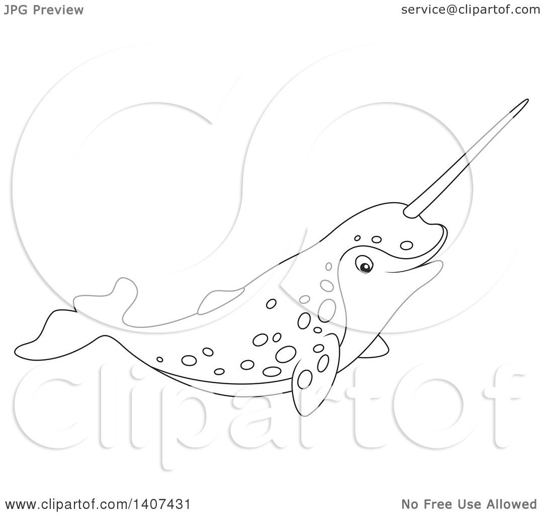 Clipart of a black and white lineart happy narwhal swimming