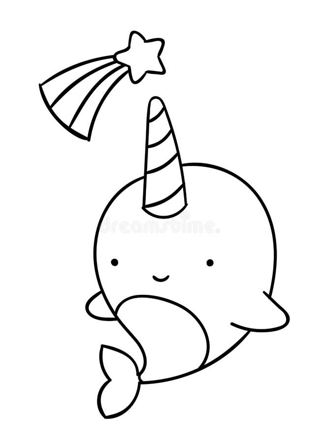 Coloring pages black and white cute kawaii hand drawn narwhal and rainbow doodles stock vector