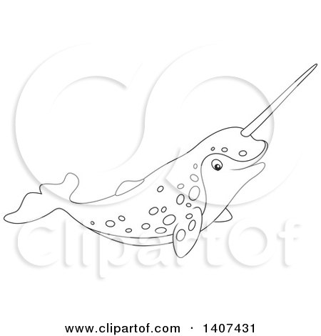 Clipart of a black and white lineart happy narwhal swimming