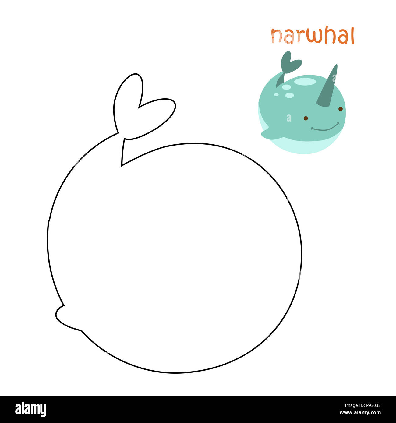 Coloring book for children coloring page with narwhal illustration set stock photo