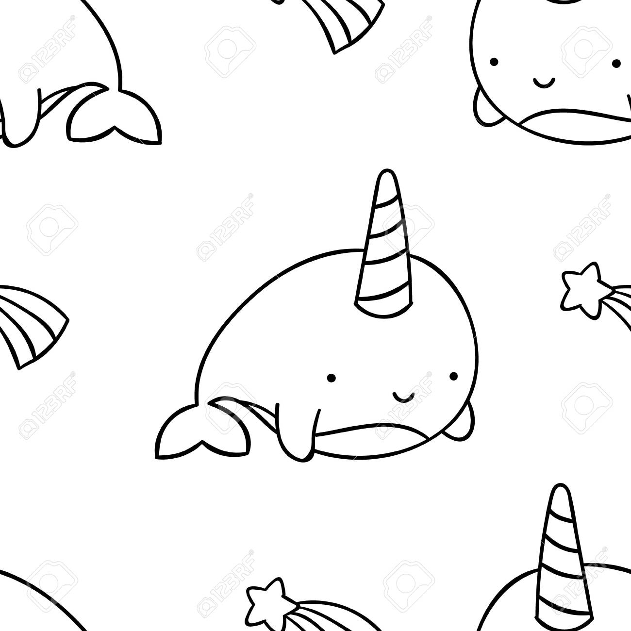 Simple seamless pattern black and white cute kawaii hand drawn narwhal doodles coloring pages print royalty free svg cliparts vectors and stock illustration image