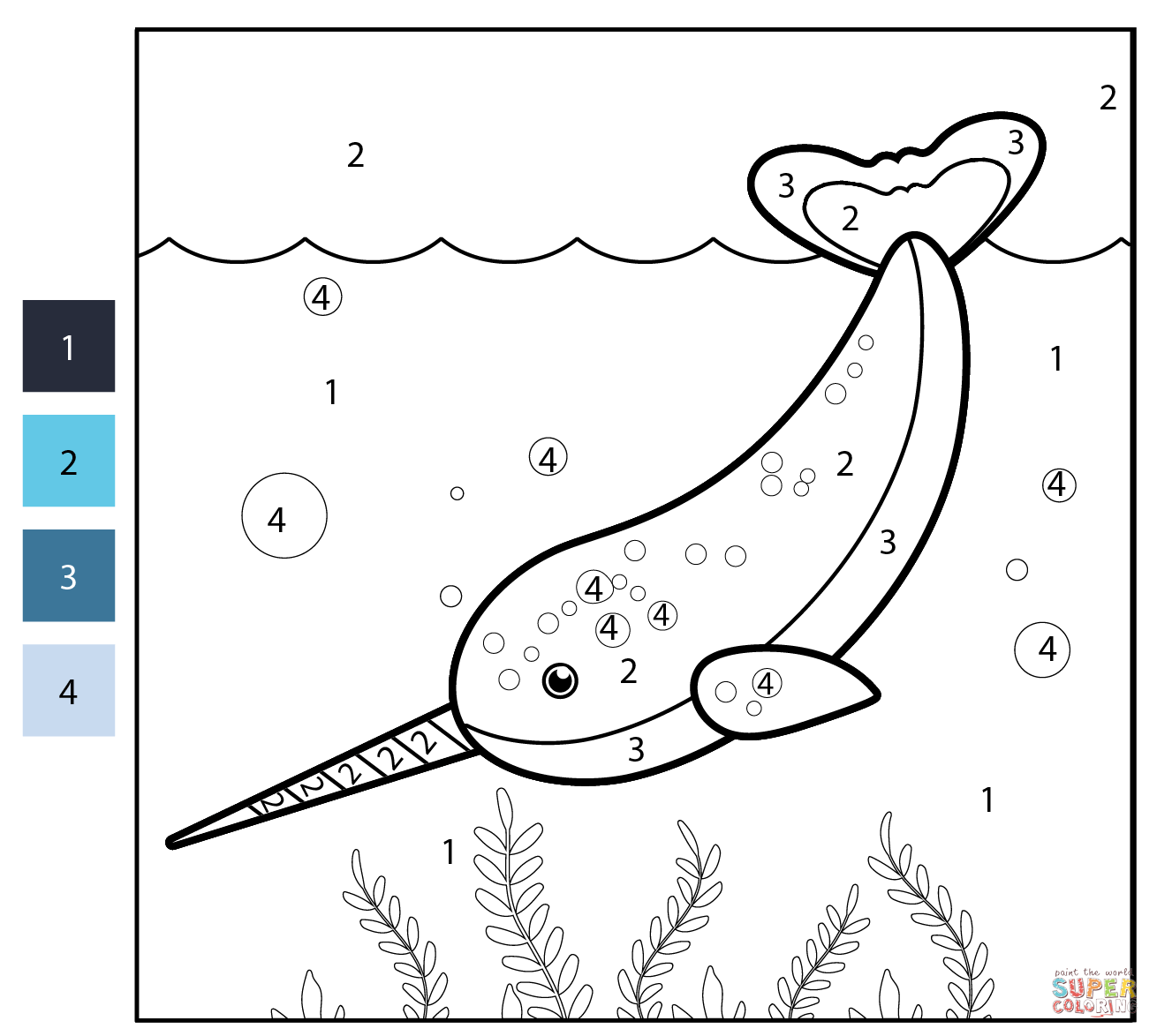 Narwhal color by number free printable coloring pages