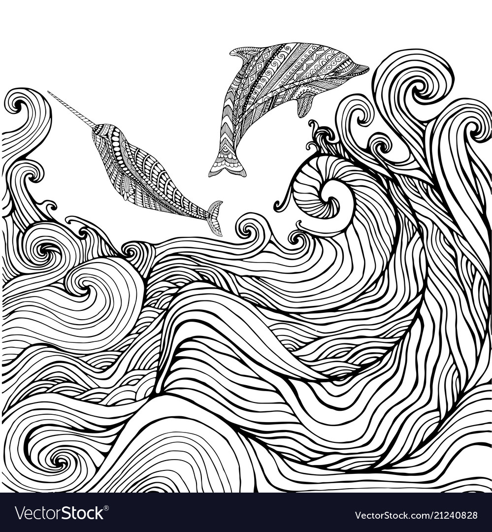 Dolphin and narwhal ocean waves coloring page vector image