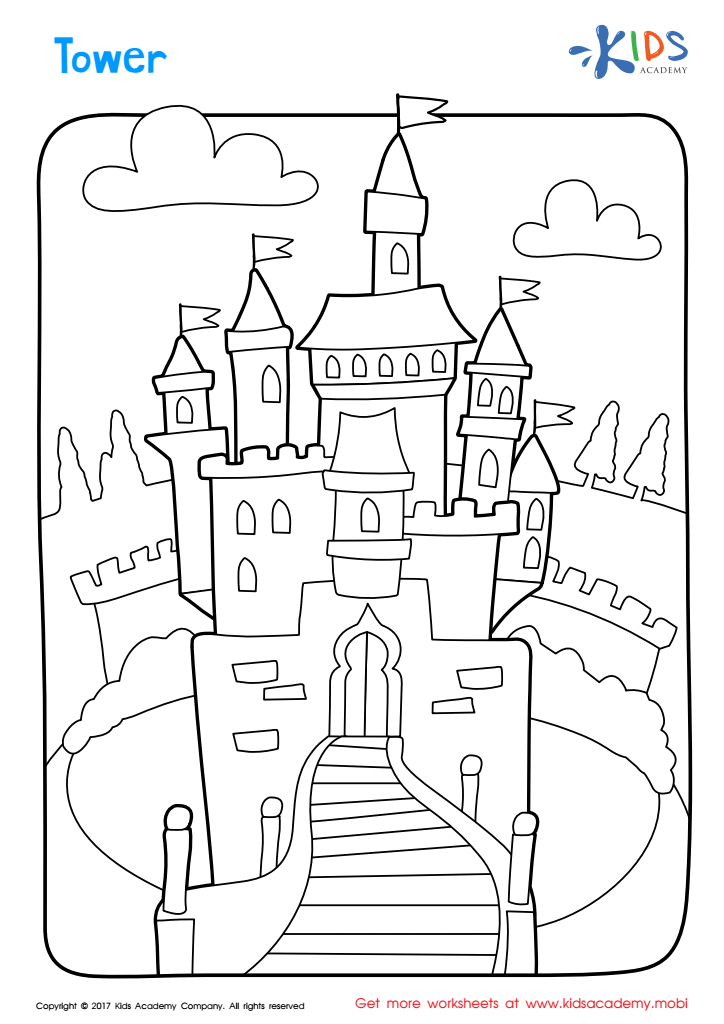 Tower coloring page free printable worksheet for kids