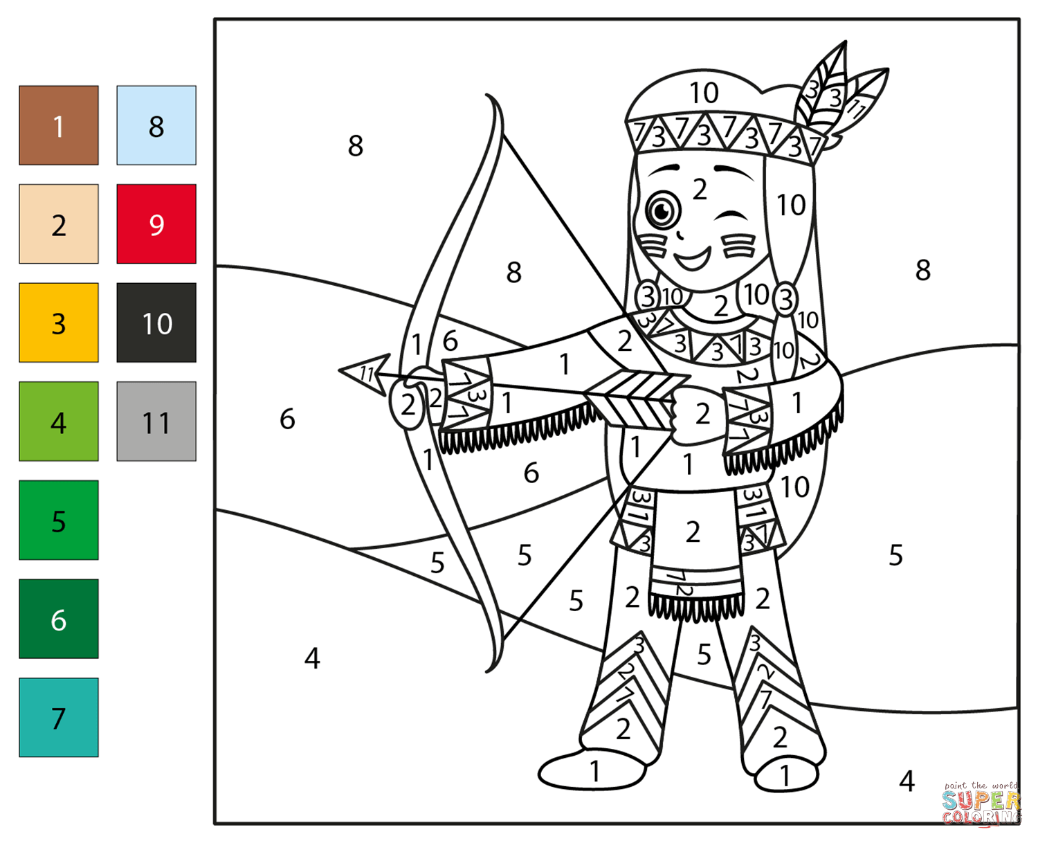 Native american color by number free printable coloring pages