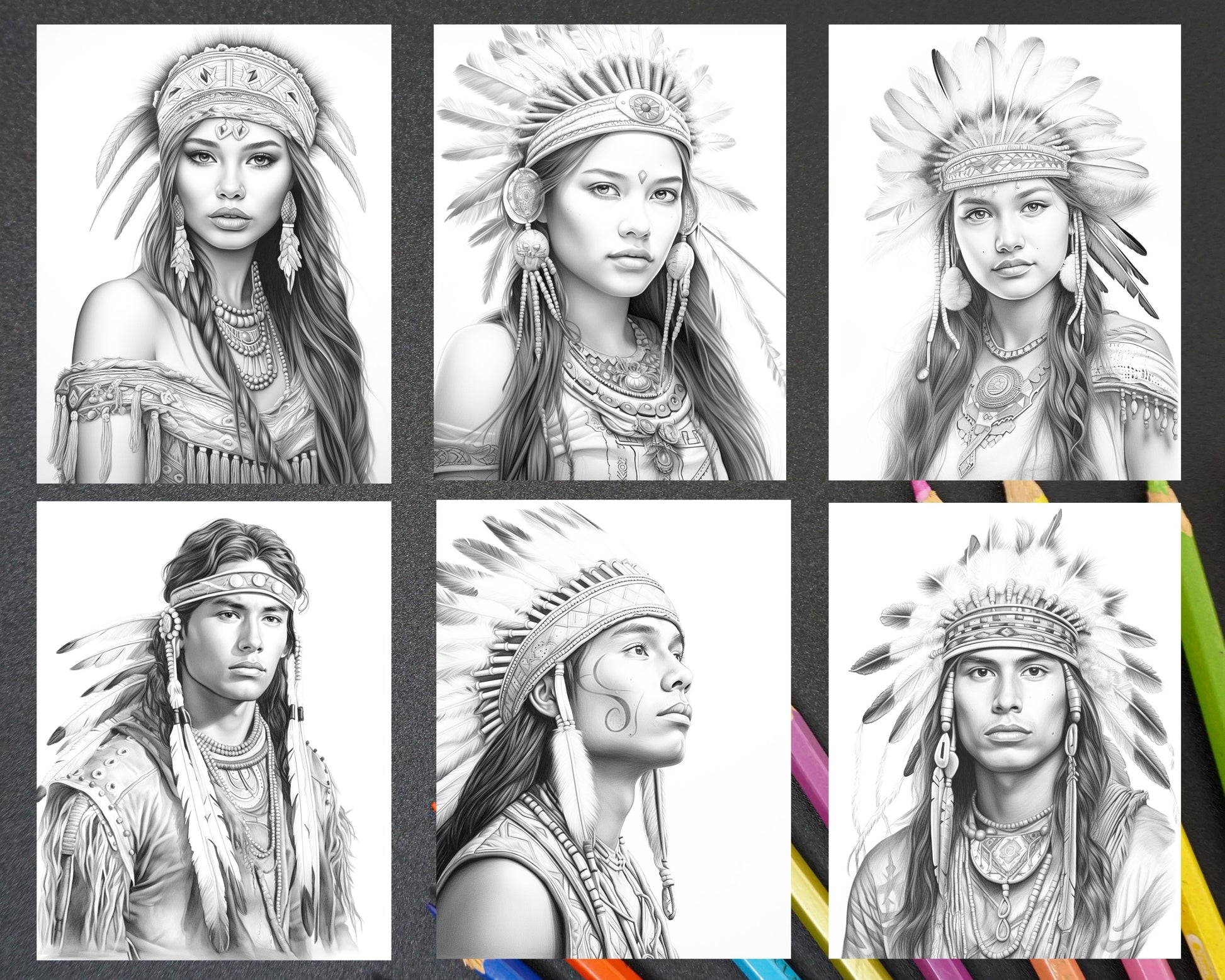 Native american portrait grayscale coloring pages printable for adults â coloring