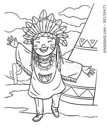 Happy native american indian girl coloring page
