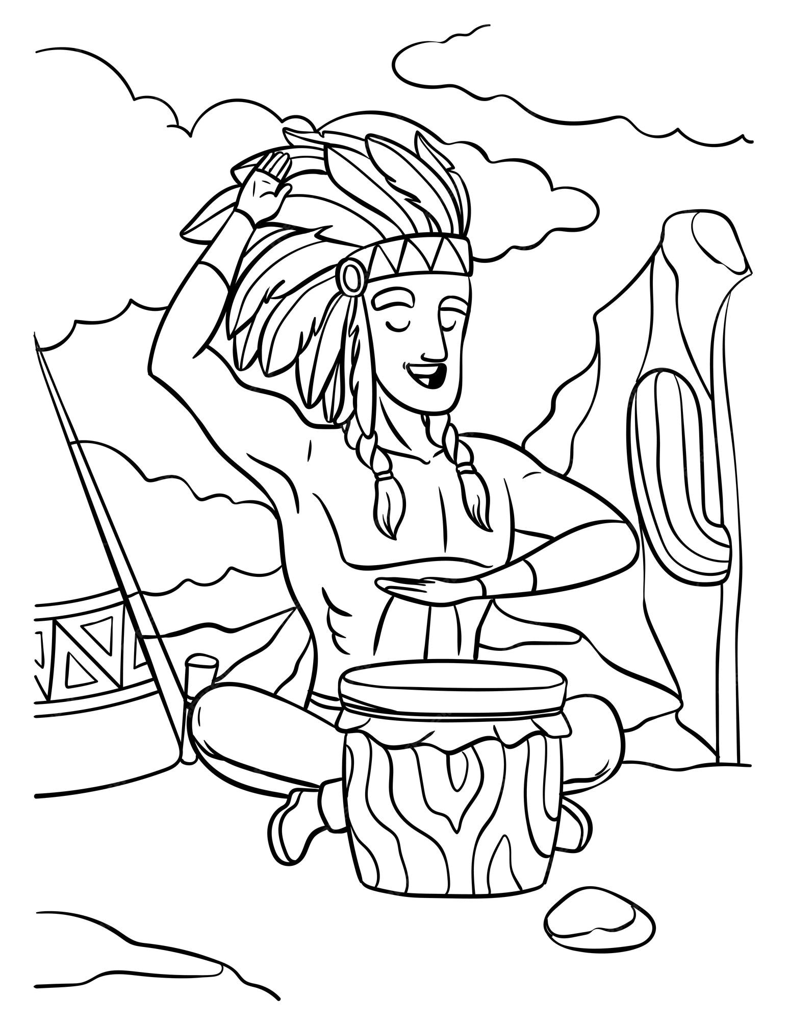 Premium vector native american indian with drum coloring page