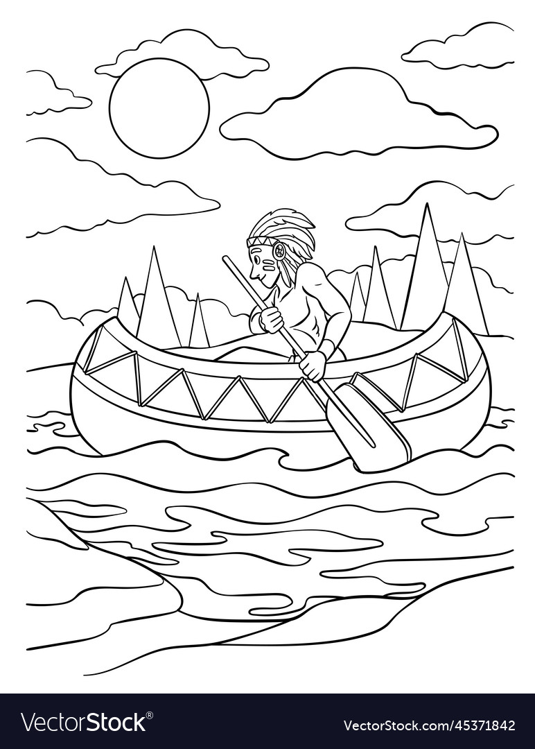 Native american indian canoe coloring page vector image