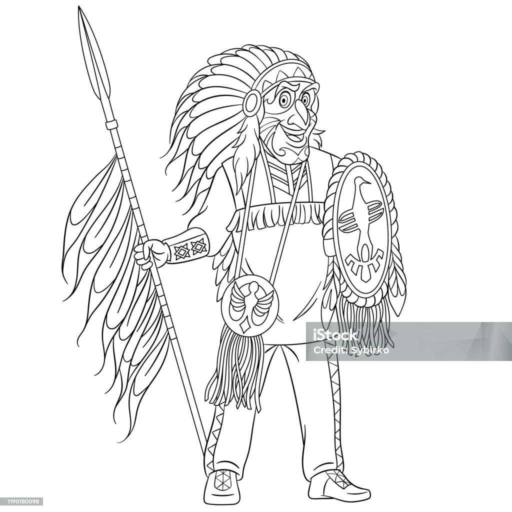 Coloring page of cartoon native american indian man stock illustration