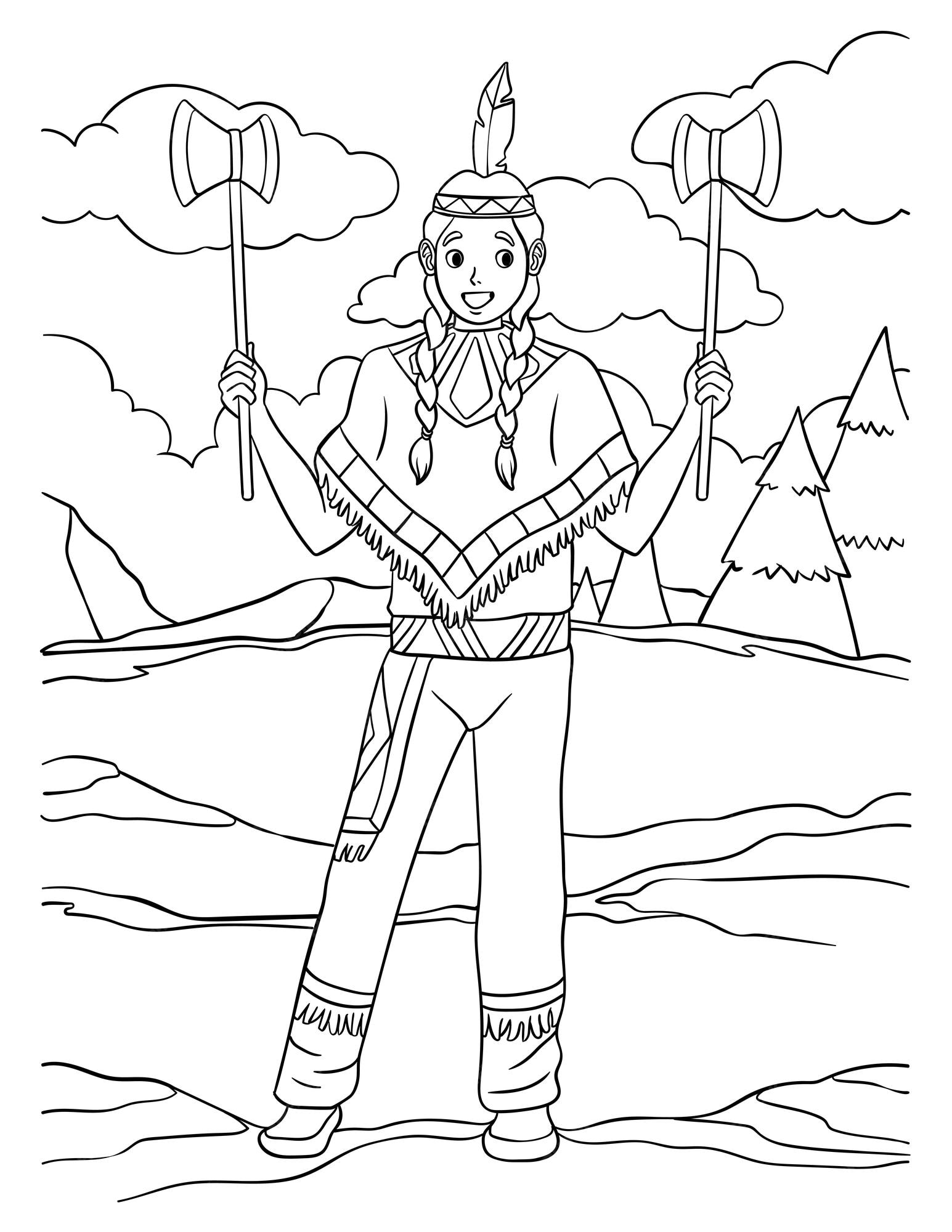 Premium vector native american indian with tomahawk coloring page