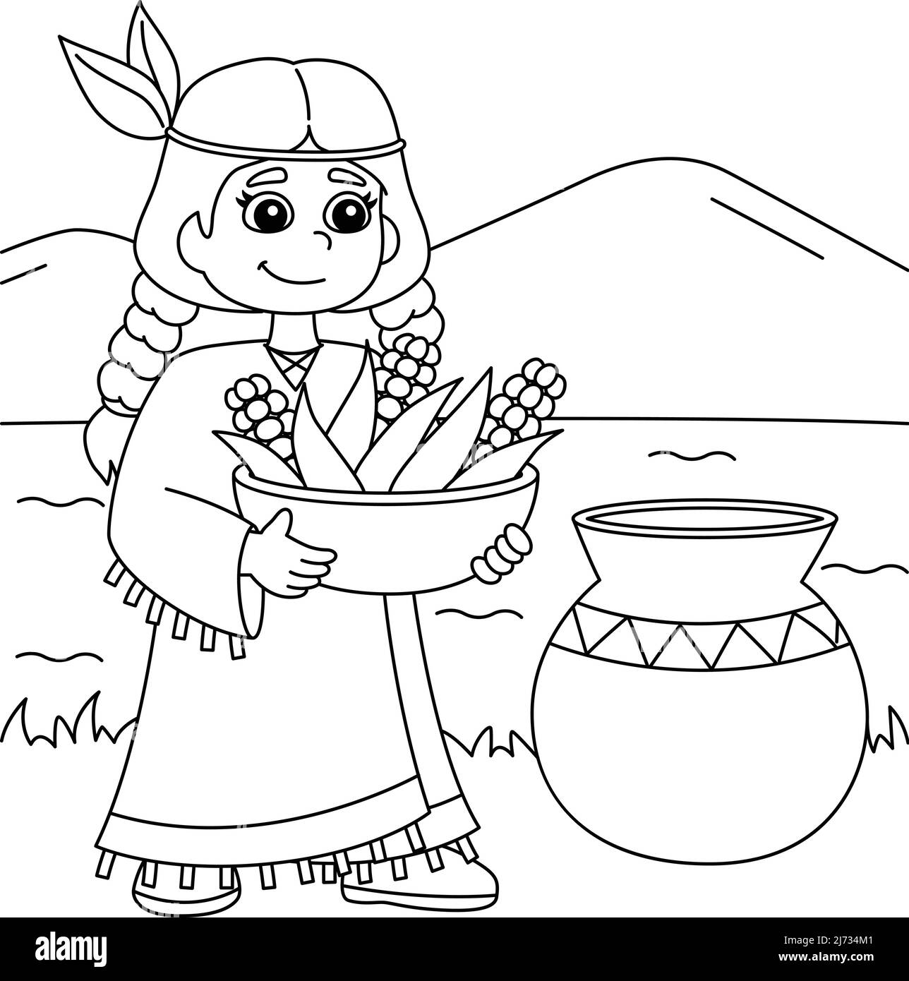 Thanksgiving native girl with corns coloring page stock vector image art
