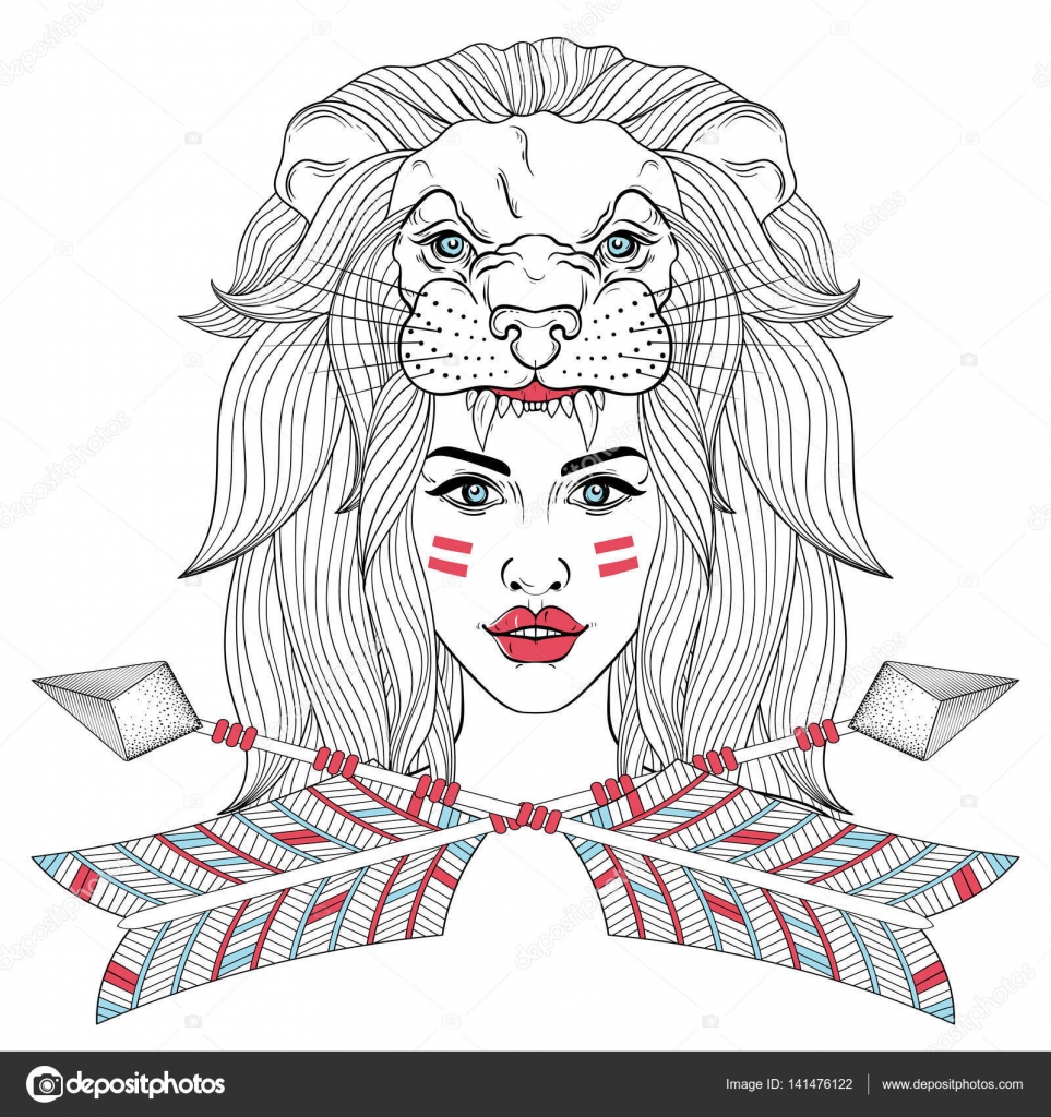 Girl portrait with mask of leons head woman with boho tribal a stock vector by ipanki