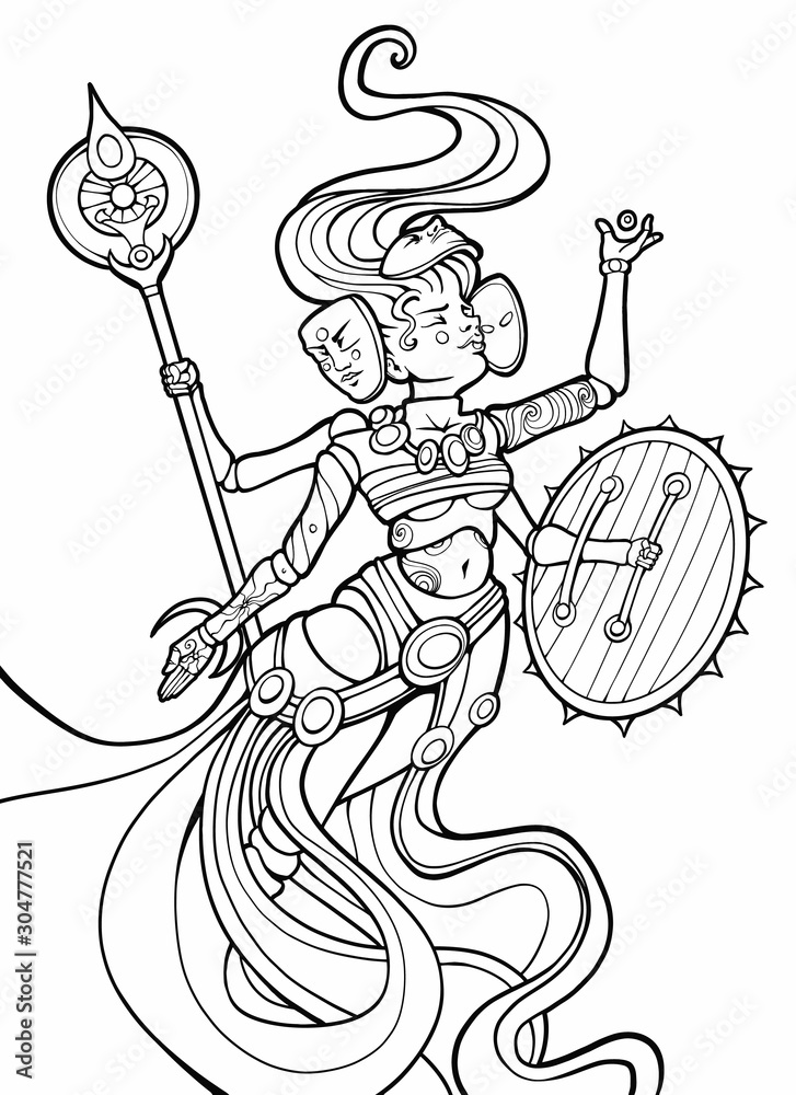 Coloring book for adults an indian female deity with four arms a doll body a spear