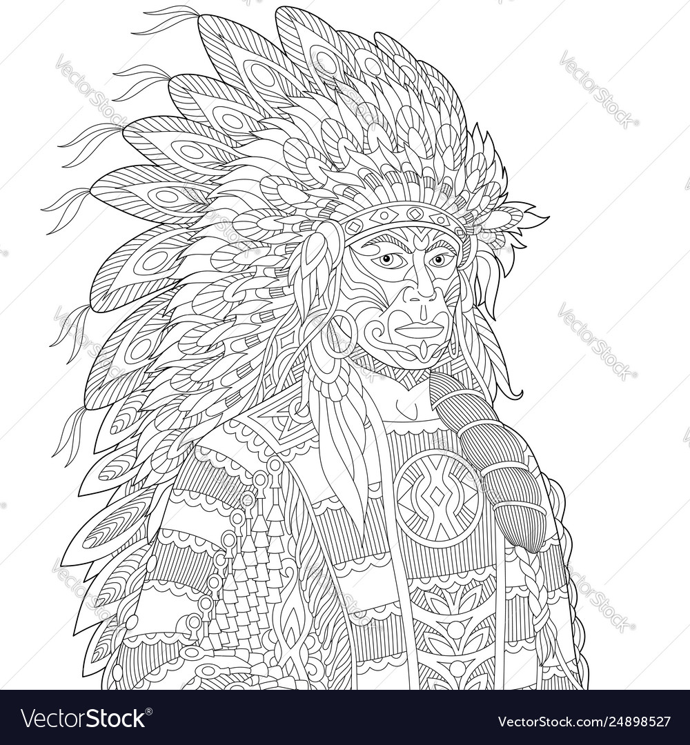 Native american indian chief adult coloring page vector image