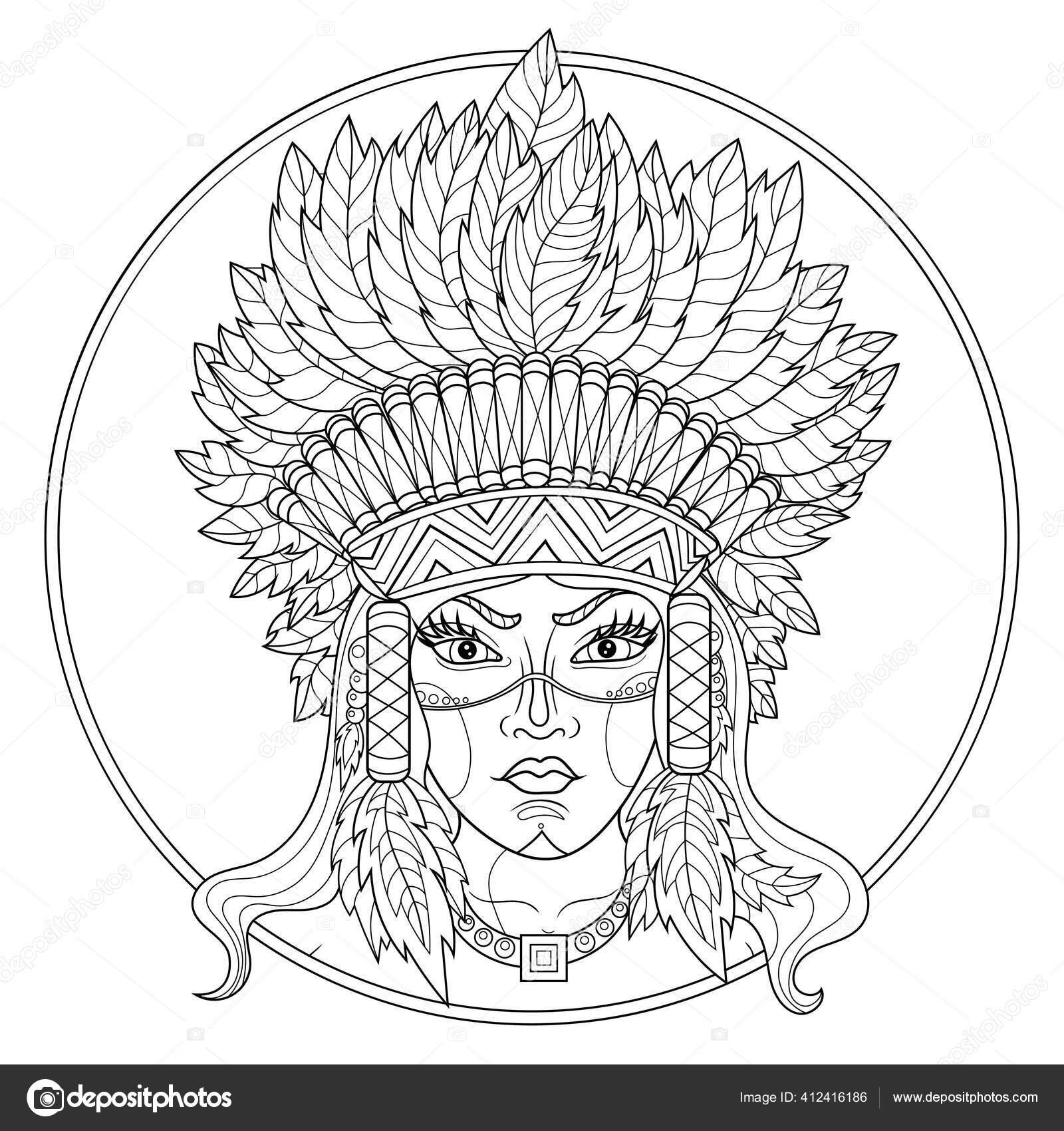 Native american indian girl coloring book antistress children adults illustration stock vector by vlasenkoekaterinkagmail