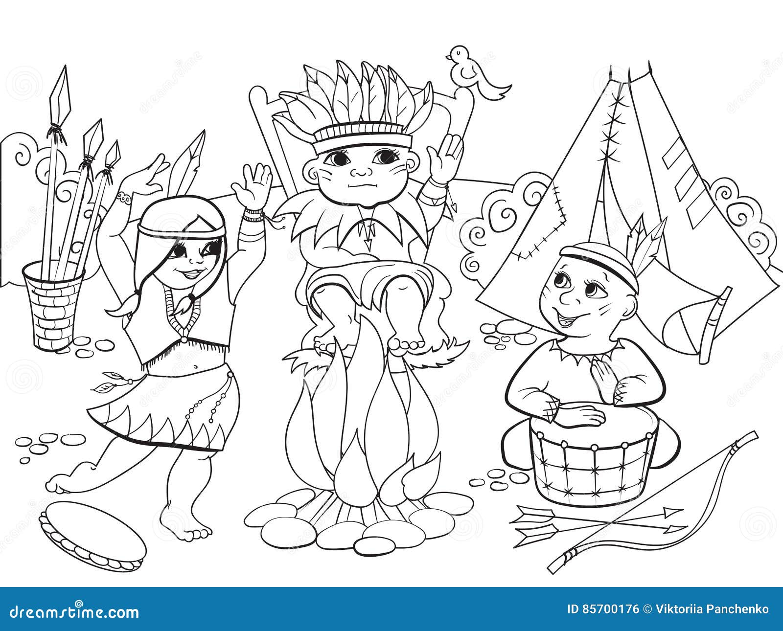 Indian tribe in the form of three children coloring vector for adults stock vector