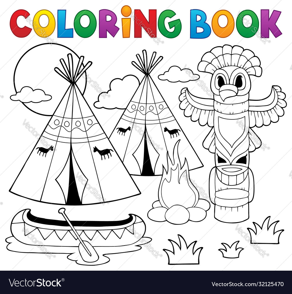 Coloring book native american campsite royalty free vector