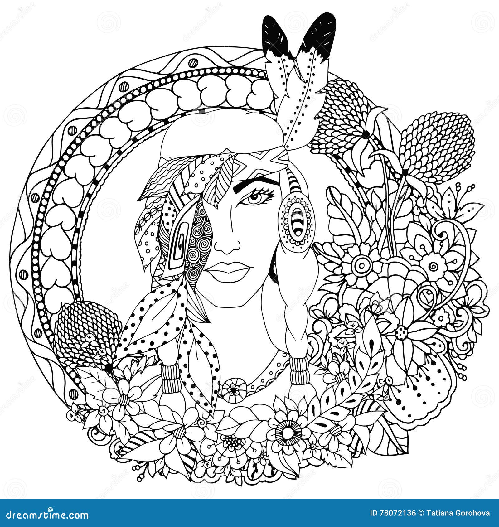 Vector illustration native american girl in round frame doodle floral drawing a meditative exercises stock vector