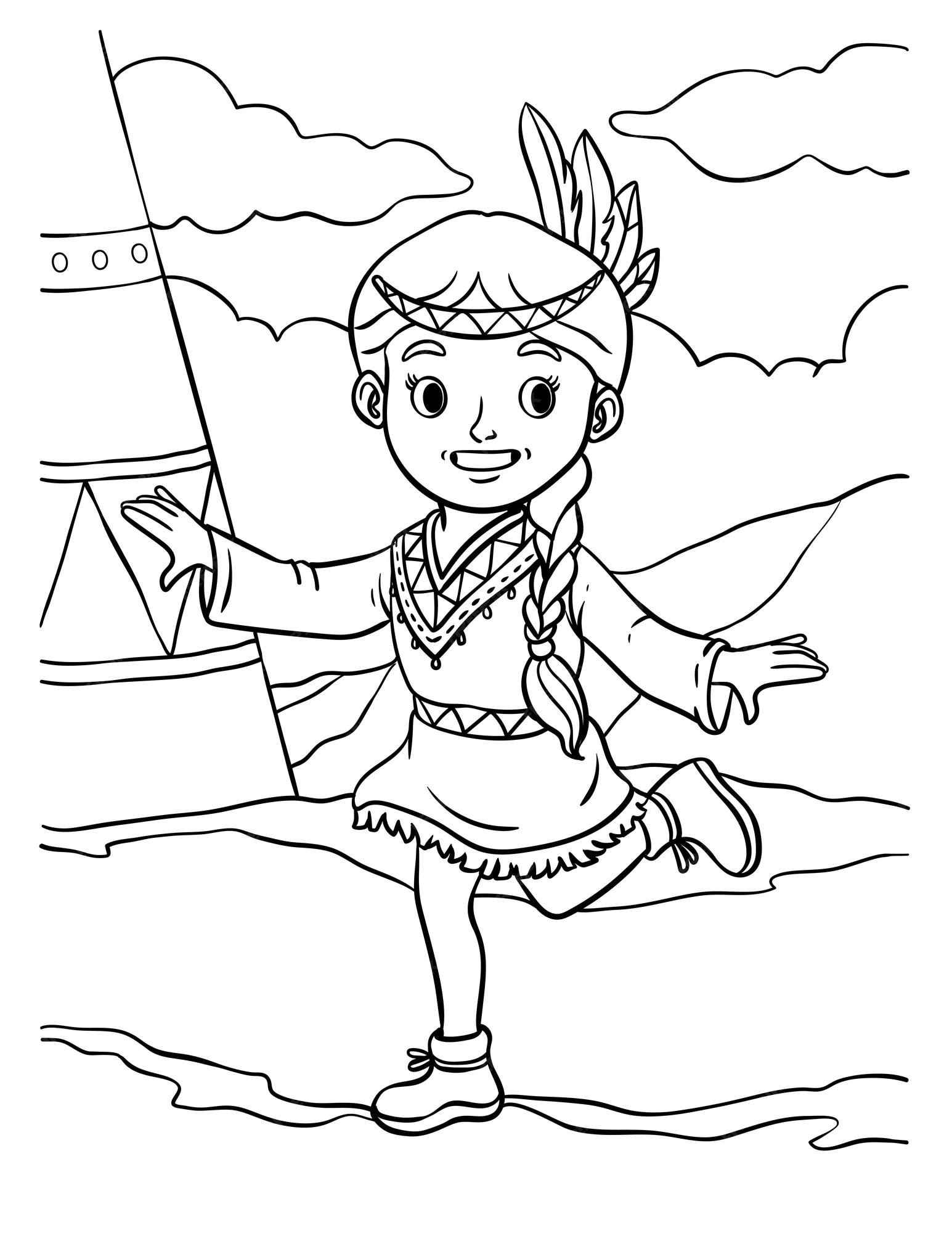 Premium vector native american indian girl dancing coloring page