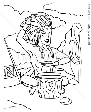 Native american indian with drum coloring page