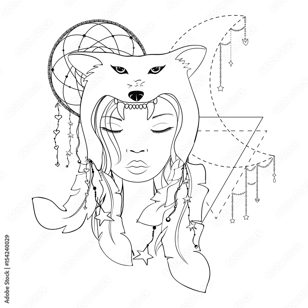 Native american girl with wolf headdress lineart hand drawn vector portrait of a beautiful shaman woman banner poster card t
