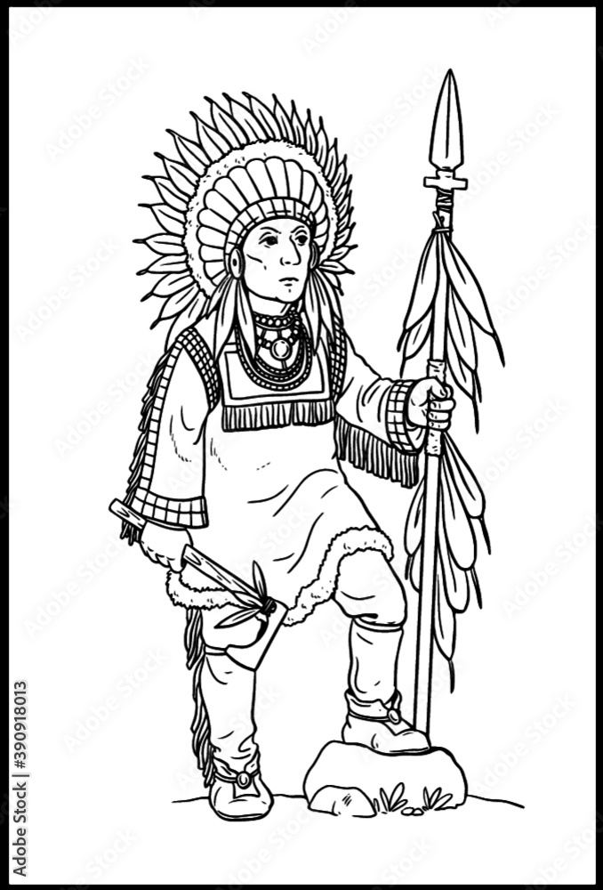 Indian chief with tomahawk for coloring vector template for children vector